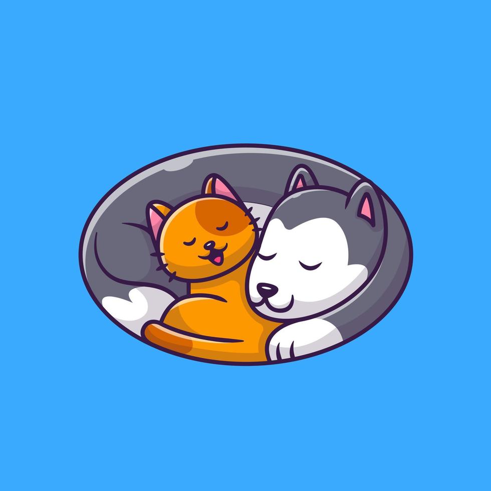 Cute Cat And Dog Sleeping Logo Cartoon Vector Icon Illustration. Animal Love Icon Concept Isolated Premium Vector. Flat Cartoon Style