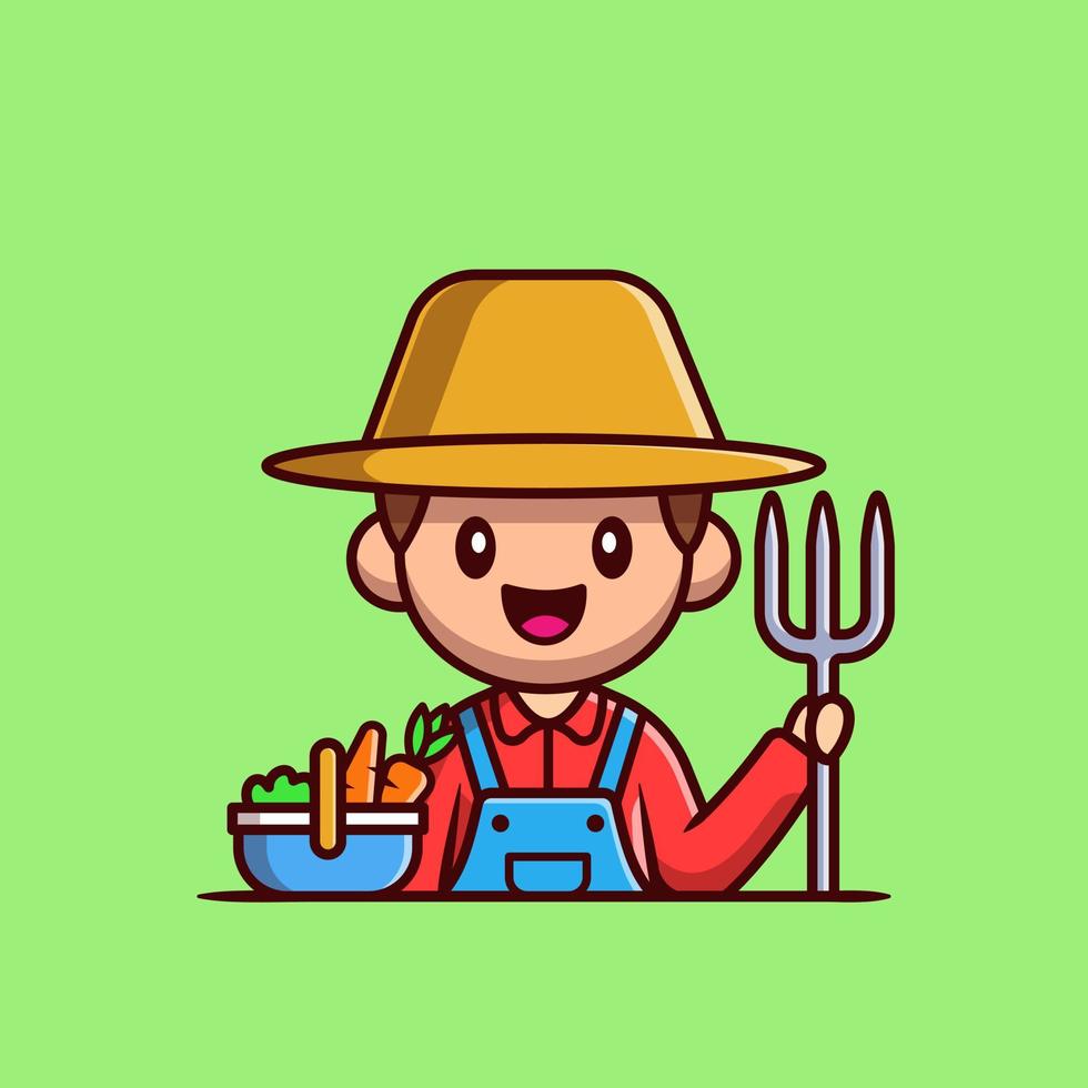 agricultor con cesta de verduras y tenedor de tierra ilustración de icono de vector de dibujos animados. concepto de icono de profesión de personas vector premium aislado. estilo de dibujos animados plana