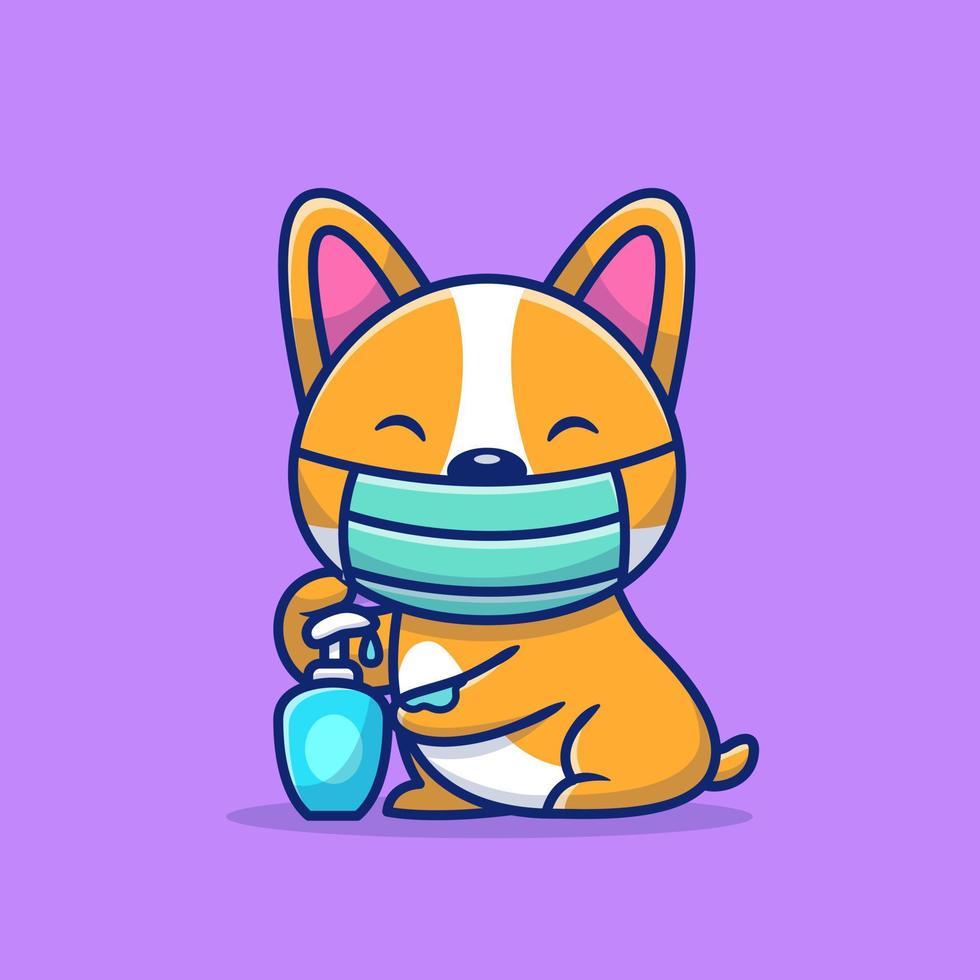 Cute Corgi Using Mask And Hand Sanitizer Cartoon Vector Icon Illustration. Animal Healthy Icon Concept Isolated Premium Vector. Flat Cartoon Style