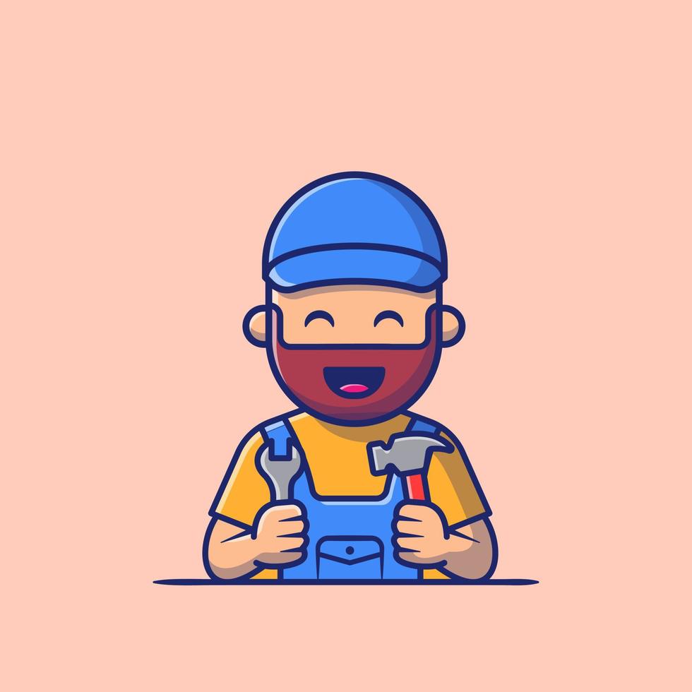 Handyman Holding Hammer And Wrench Cartoon Vector Icon Illustration. People Profession Icon Concept Isolated Premium Vector. Flat Cartoon Style