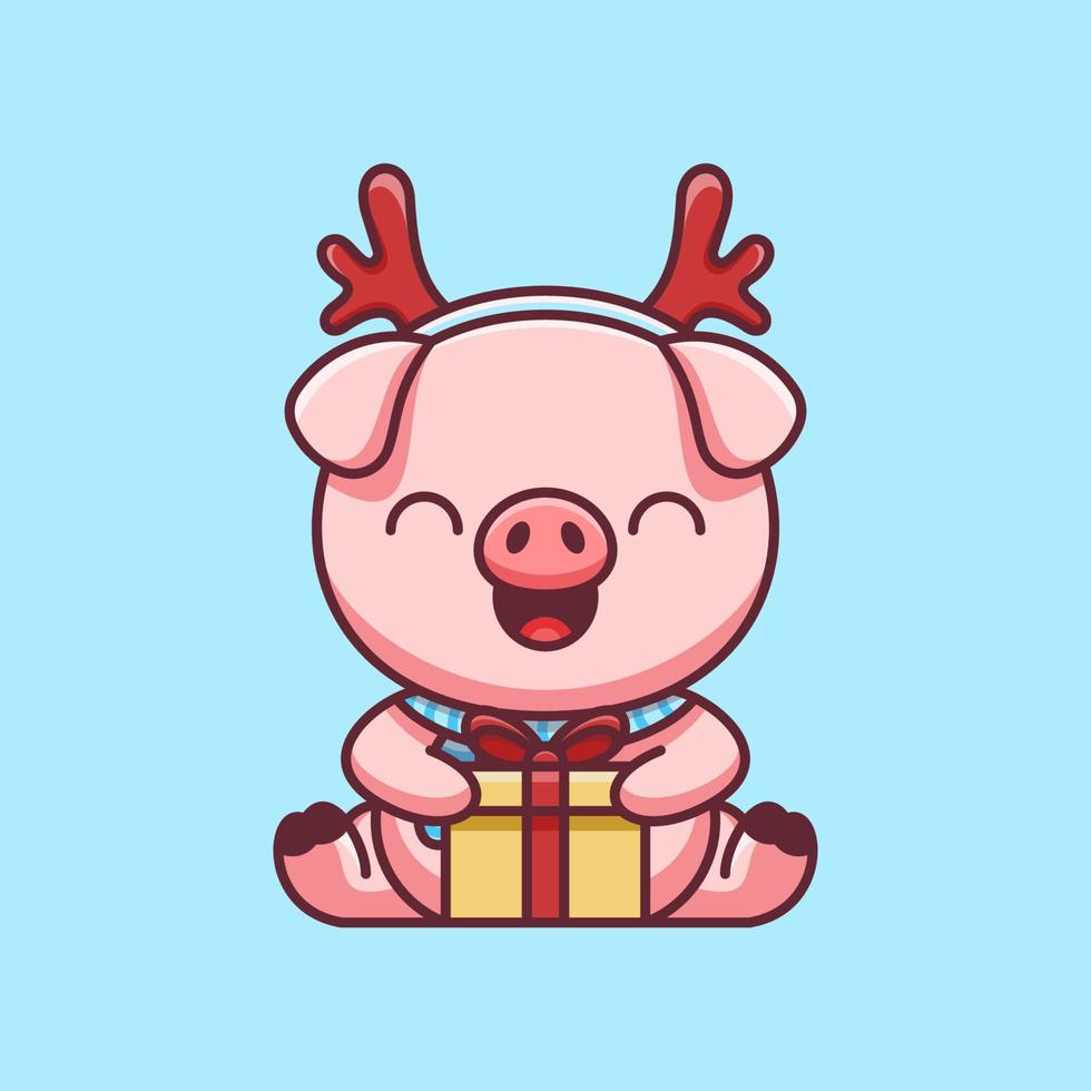 cute pig holding christmas present vector