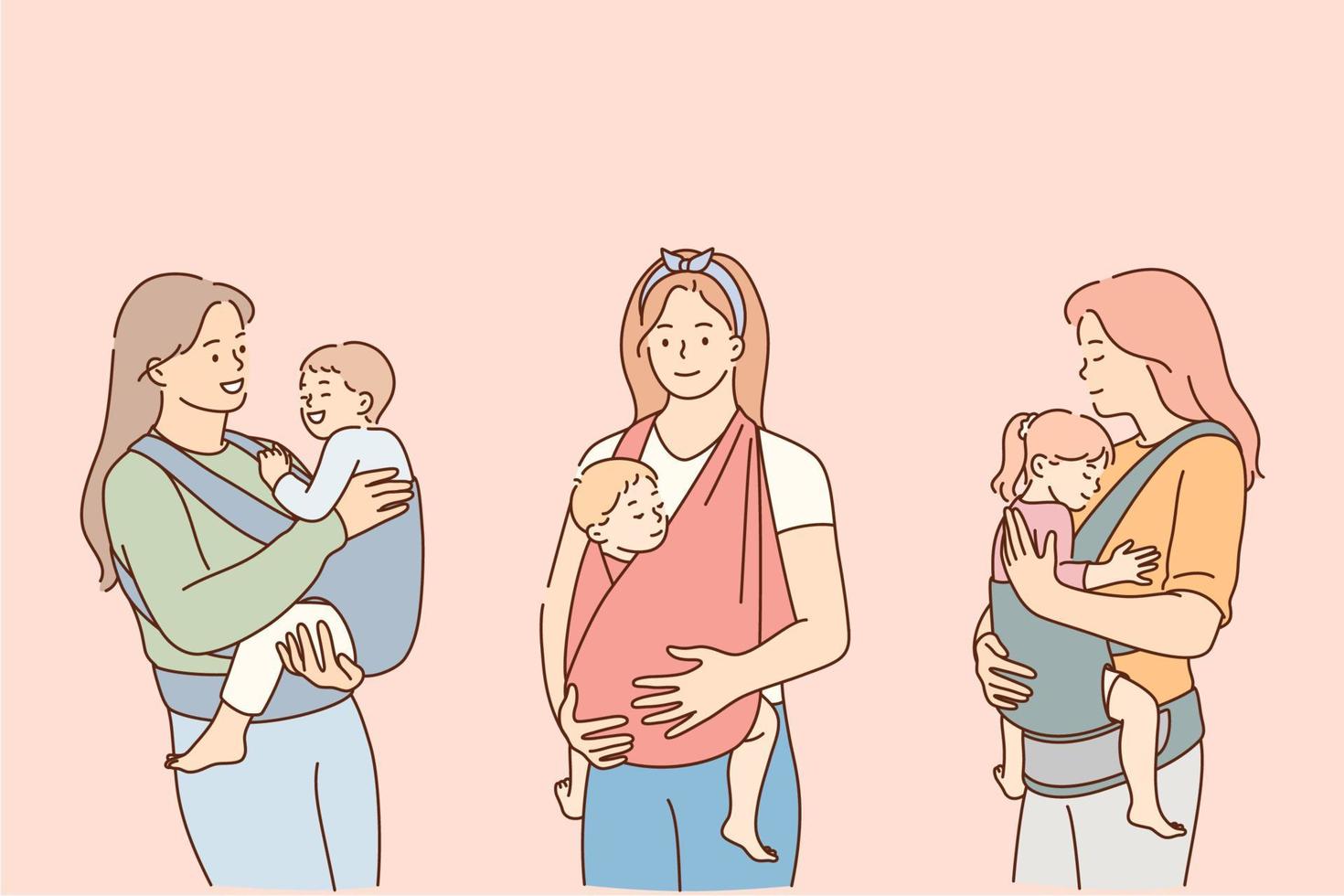 Mothers carrying their kids in slings lifestyle concept. Positive young women mothers carrying their reborn children in cotton sling, babies feeling love and protection from mother vector illustration