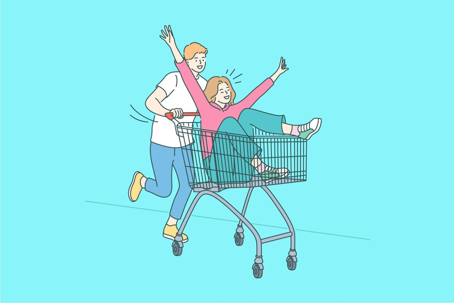 Compras divertidas, diversión, concepto de unión. personajes de dibujos animados de hombre y mujer positivos montando en carrito de compras y divirtiéndose juntos sobre ilustración de vector de fondo azul