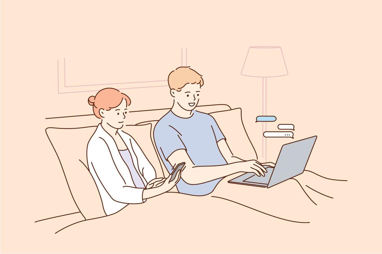 tecnologías, adicción a internet, relajación con gadgets en el concepto de hogar. jóvenes personajes de dibujos animados de pareja positiva que se quedan en la cama y usan juntos sus dispositivos electrónicos móviles laptop smartphone vector