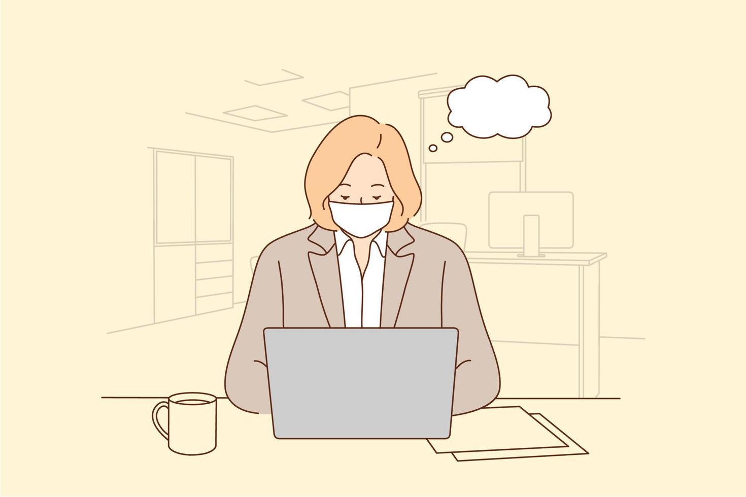 Working during COVID-19 pandemic and wearing medical mask. Woman office worker employee in face mask working alone and keeping social distance during outbreak of pandemic situation vector
