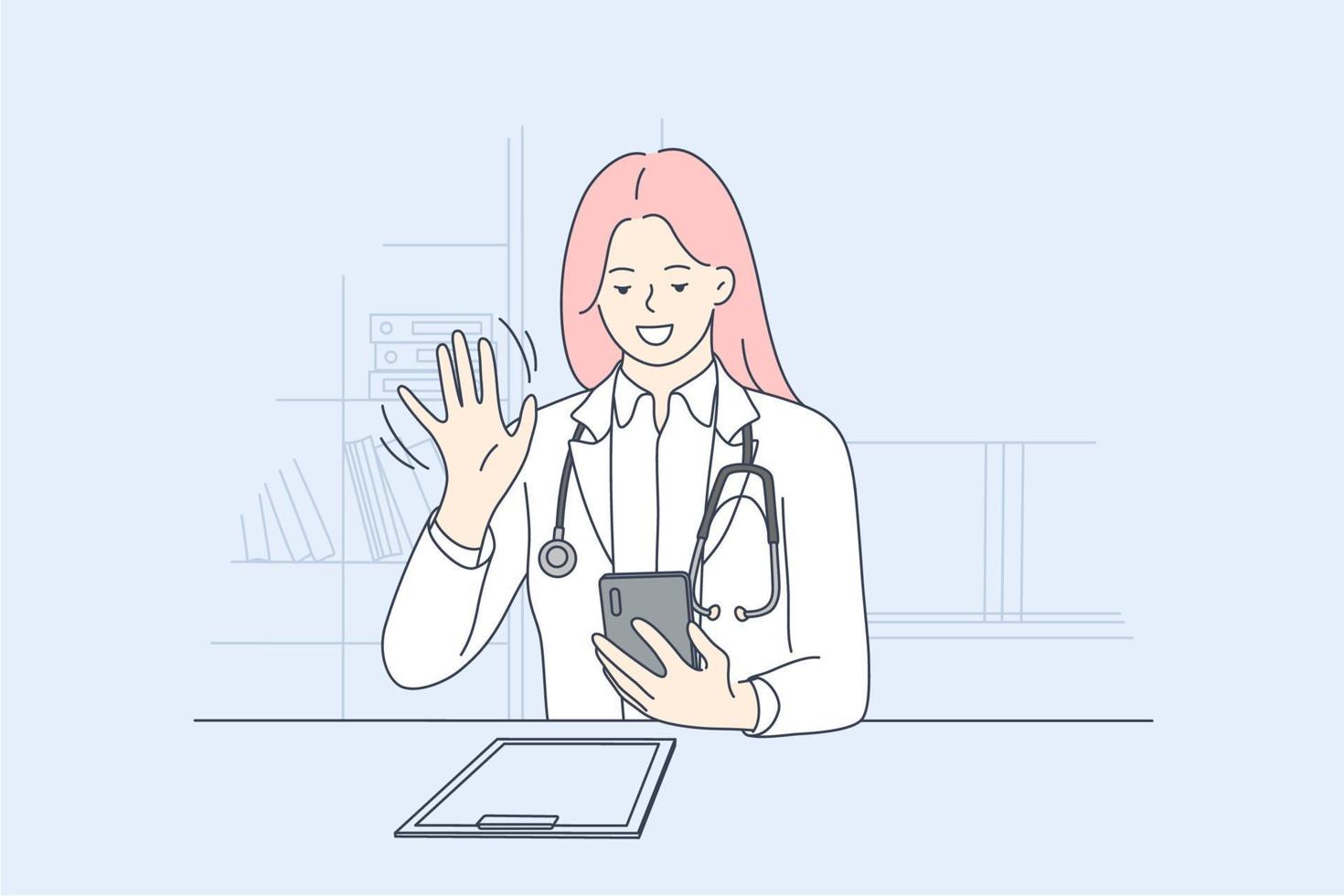 Telemedicine, online doctor, telehealth concept. Smiling female doctor greeting patient online on smartphone during video call, woman therapist making remote consultation in mobile application vector
