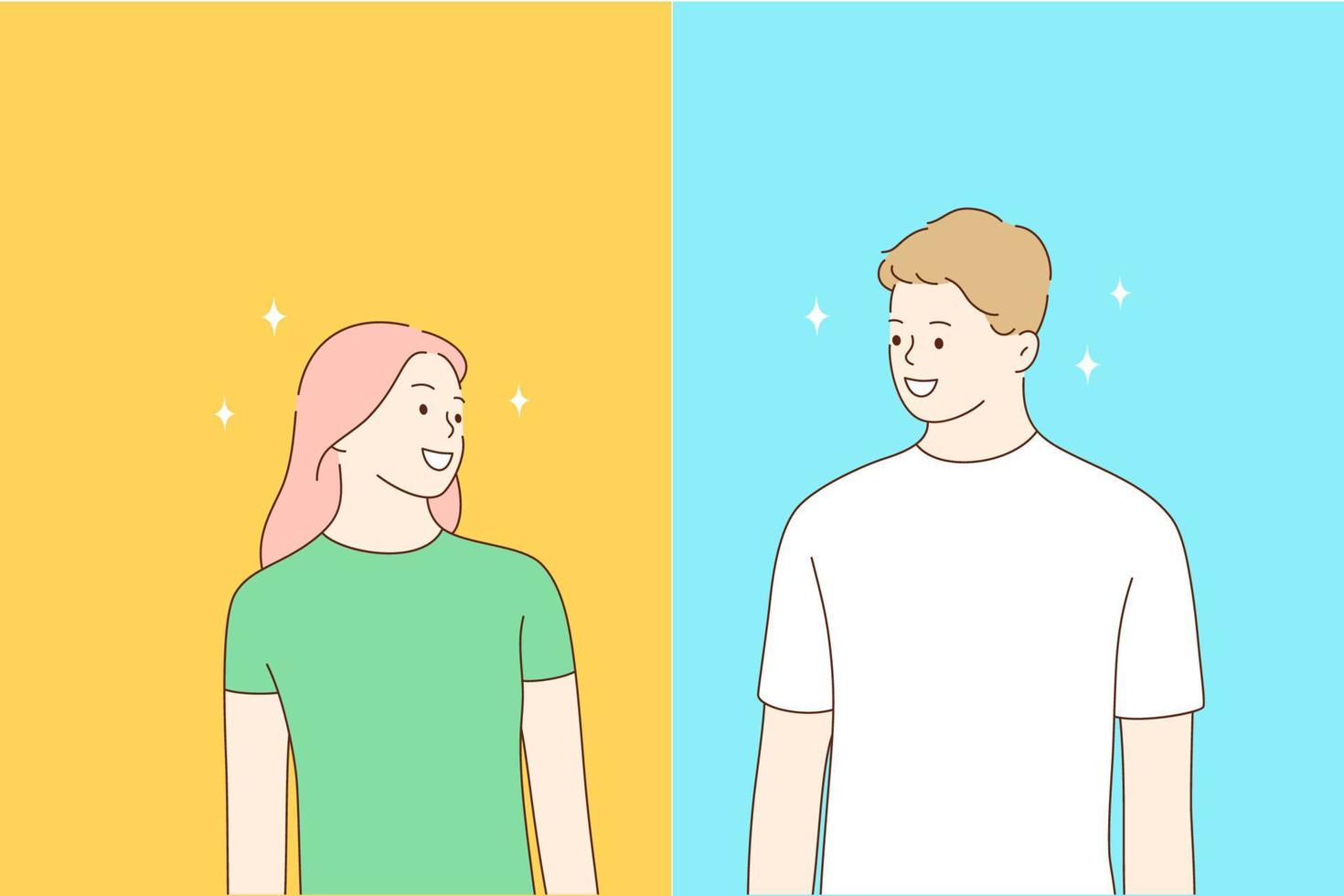 Friendship, positive emotion, young happy people concept. Smiling young man and woman looking at each other and feeling cheerful and excited over blue and yellow background vector
