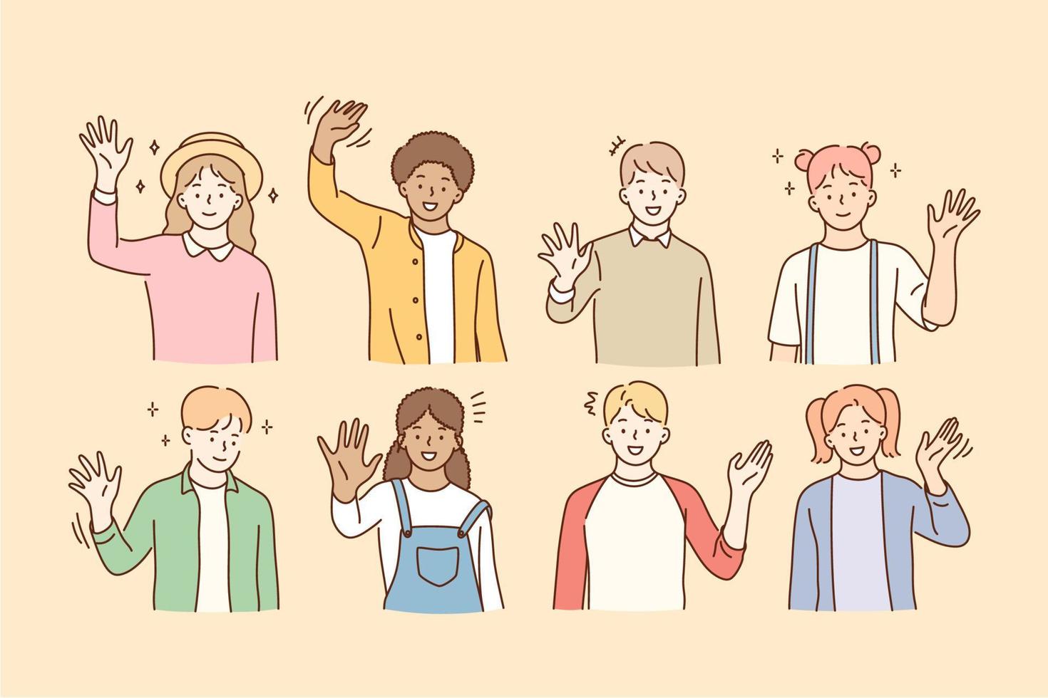 Hello, greeting, mixed race friendship concept. Group of smiling happy children of various races waving their hands to camera and feeling excited vector illustration