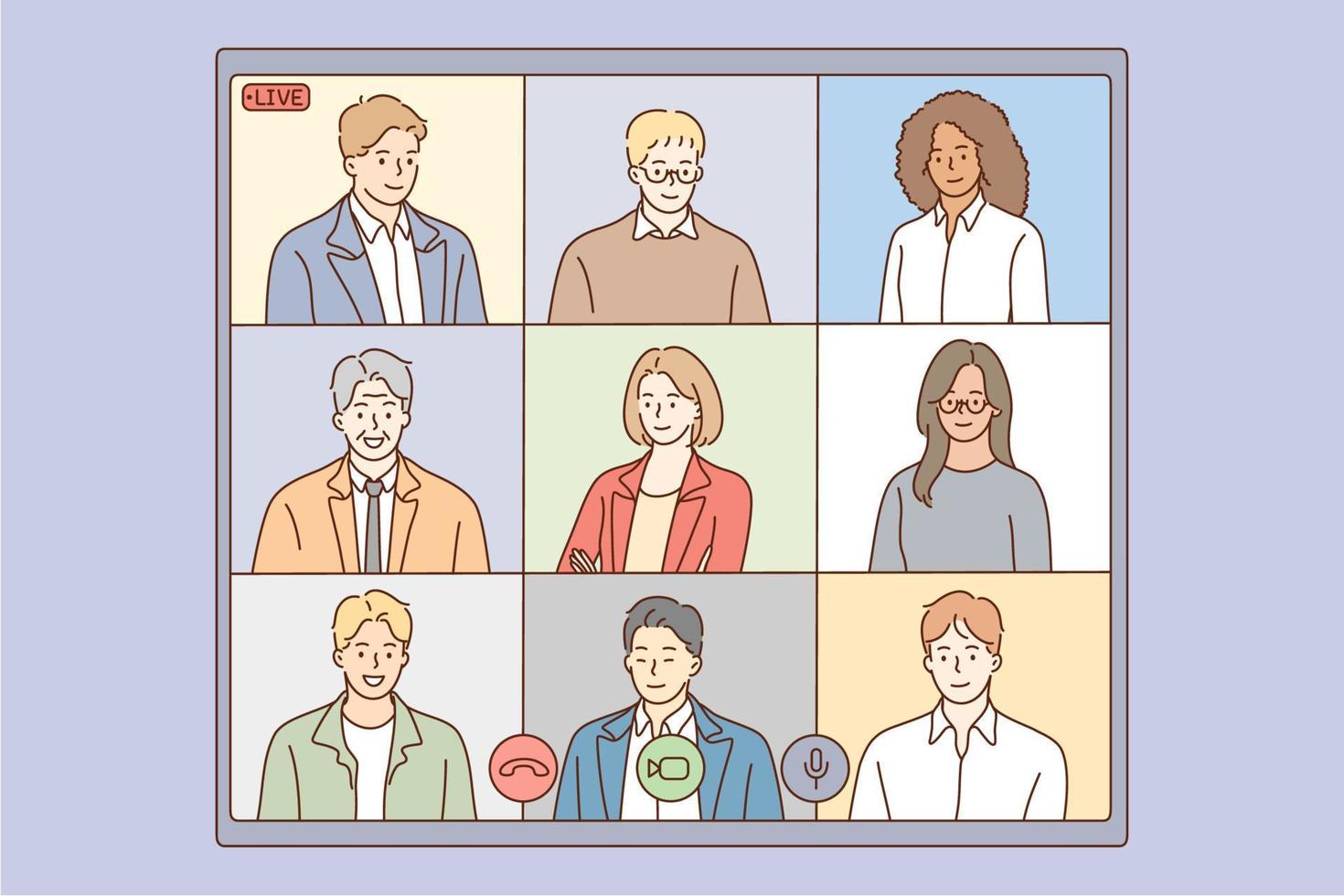 Online conference, live streaming of multiethnic group concept. Group of people business parters having distant online meeting conference on laptop screen during videocall together illustration vector