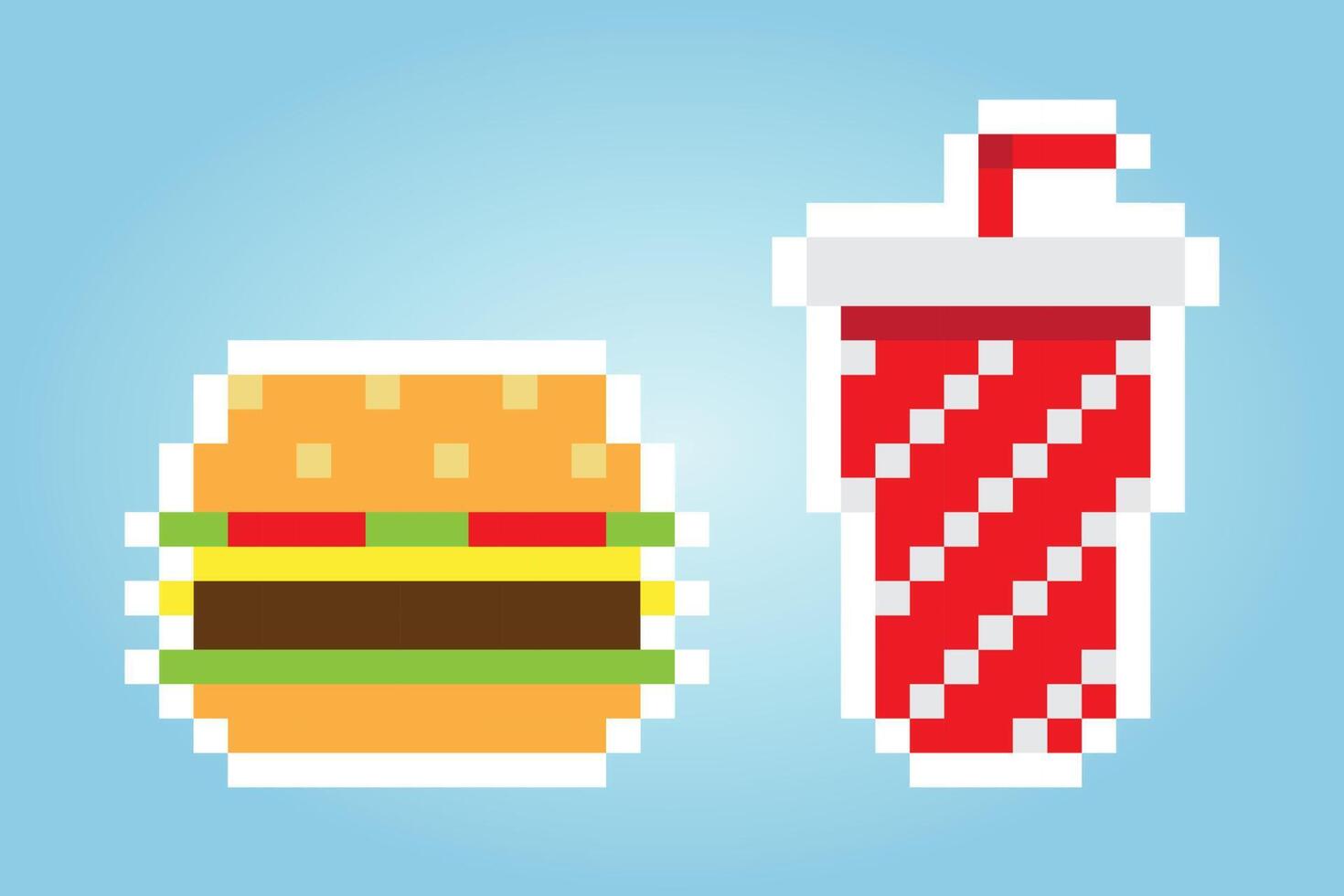 Hamburguesas y bebidas de píxeles de 8 bits para los activos del juego. vectores de comida rapida