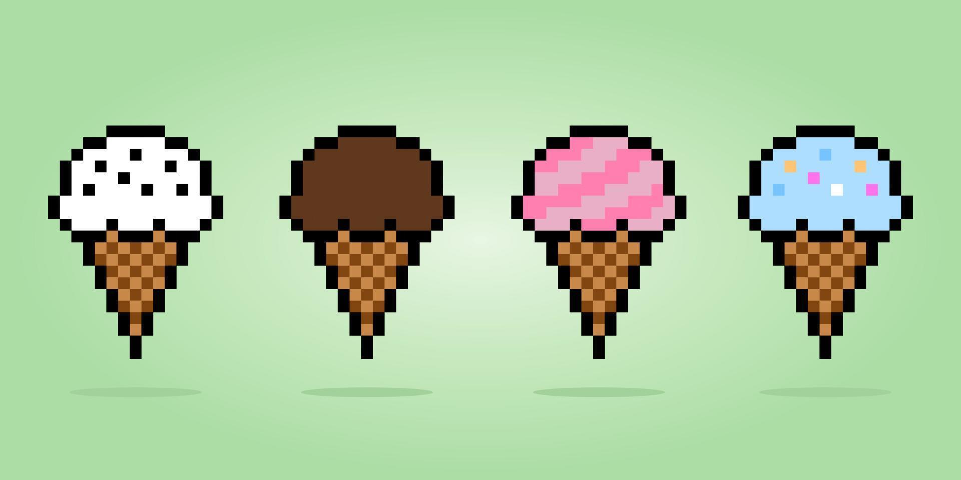 Píxel de 8 bits de helado de cono. alimentos para activos de juego y patrones de punto de cruz en ilustraciones vectoriales. vector