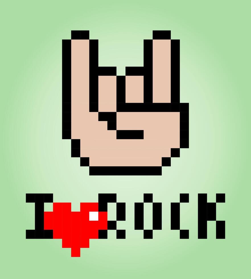 píxeles de 8 bits me gusta la música rock. amantes de la música para los activos del juego y patrones de punto de cruz en ilustraciones vectoriales. vector