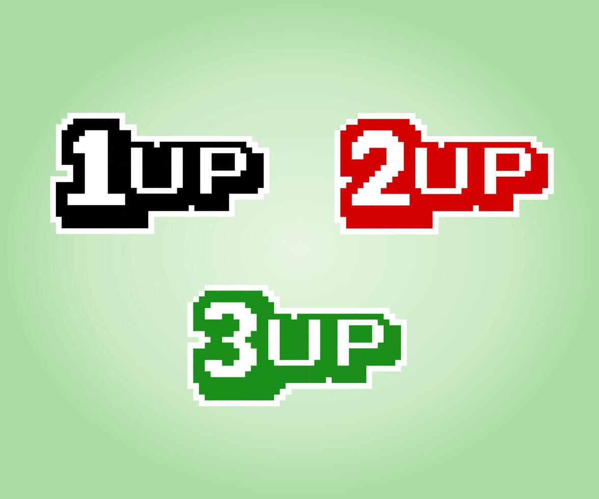 Vector illustration of 8 bit game assets. Extra life pixel images, 1up, 2up and 3up in game.