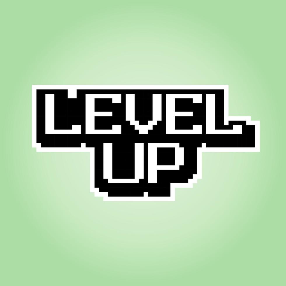 8 bit pixel level-up. Show fonts for game assets and Cross Stitch patterns in vector illustrations.
