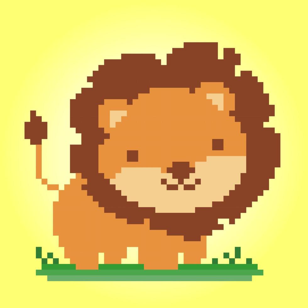 8 bit pixel lion. Animal for game assets and Cross Stitch patterns in vector illustrations.