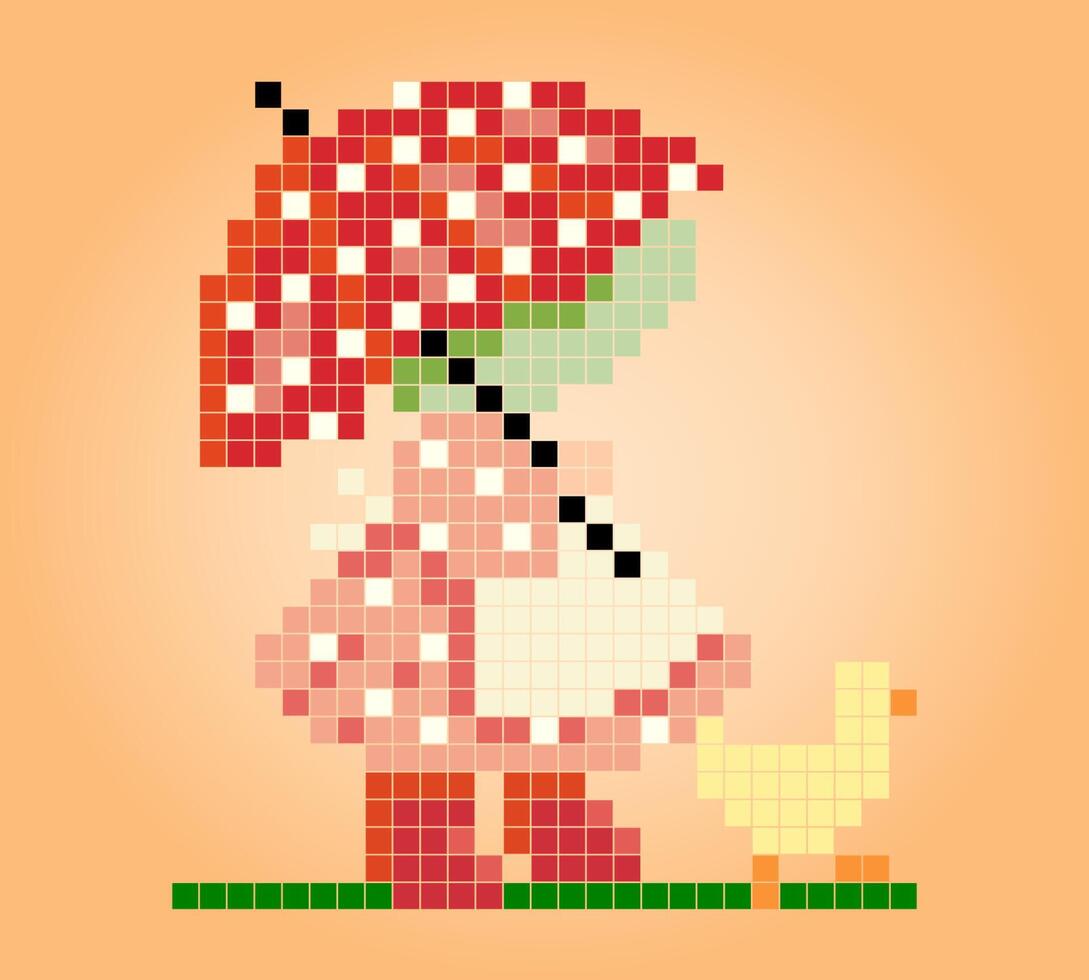 8 bit girl pixel carrying an umbrella. Girl and duck are running when it rains, for game assets and cross stitch patterns in vector illustrations.