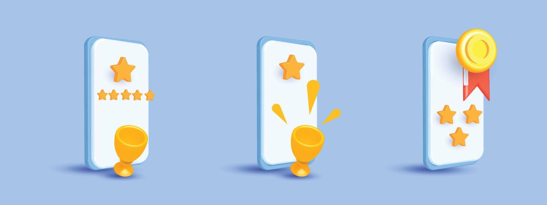 reward award cup star gold and podium phone 3d vector concept