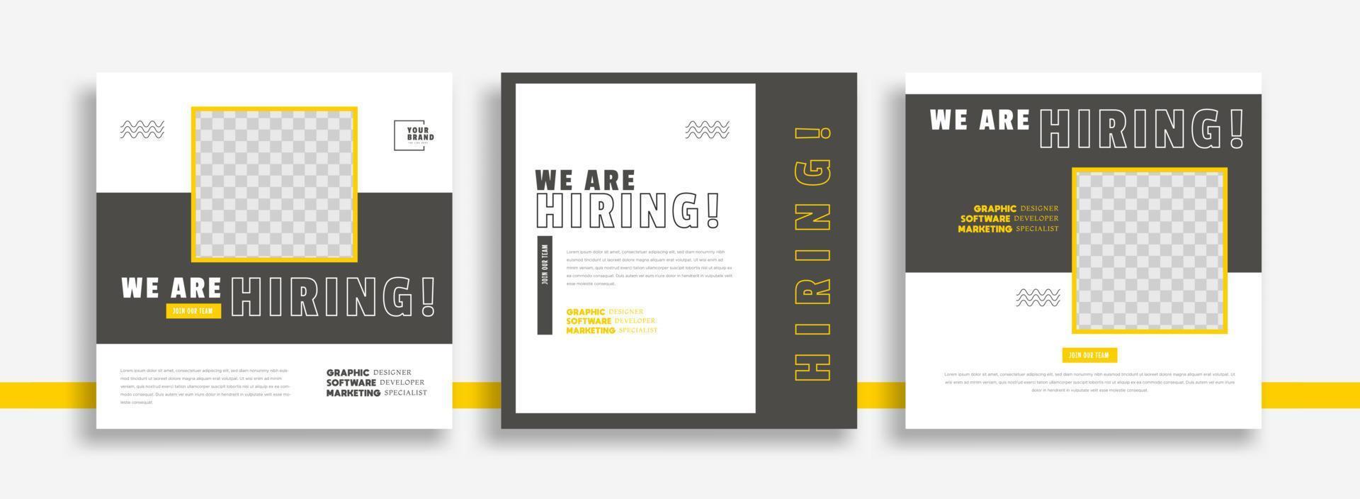 estamos contratando plantilla de diseño de banner de publicación de redes sociales de vacante de trabajo con color amarillo. estamos contratando diseño de banner web cuadrado de vacante de trabajo. vector