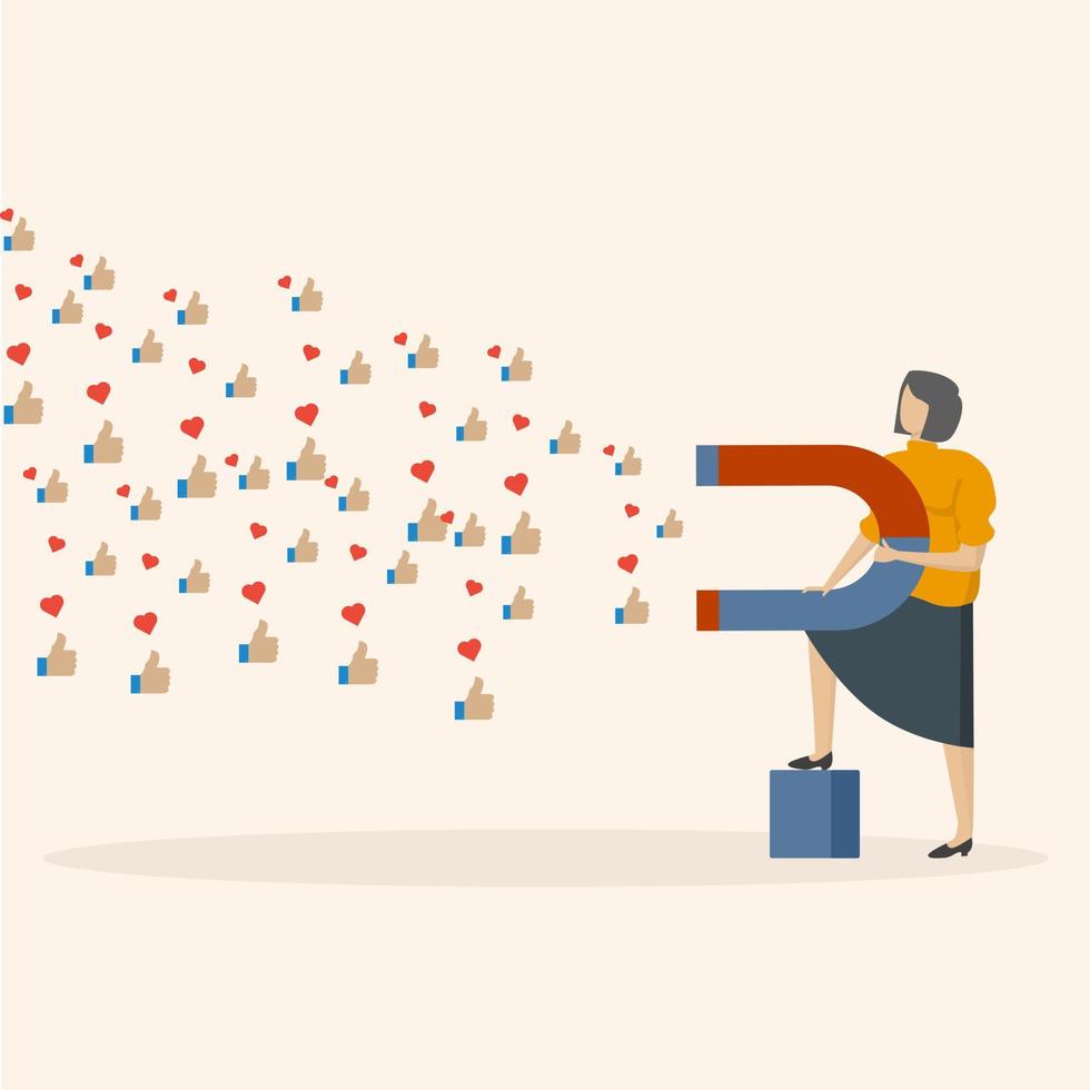 businesswoman using magnet to draw symbols of love and success. Social media marketing, SNS or social network service, influencer or online advertising, customer engagement to attract users. vector