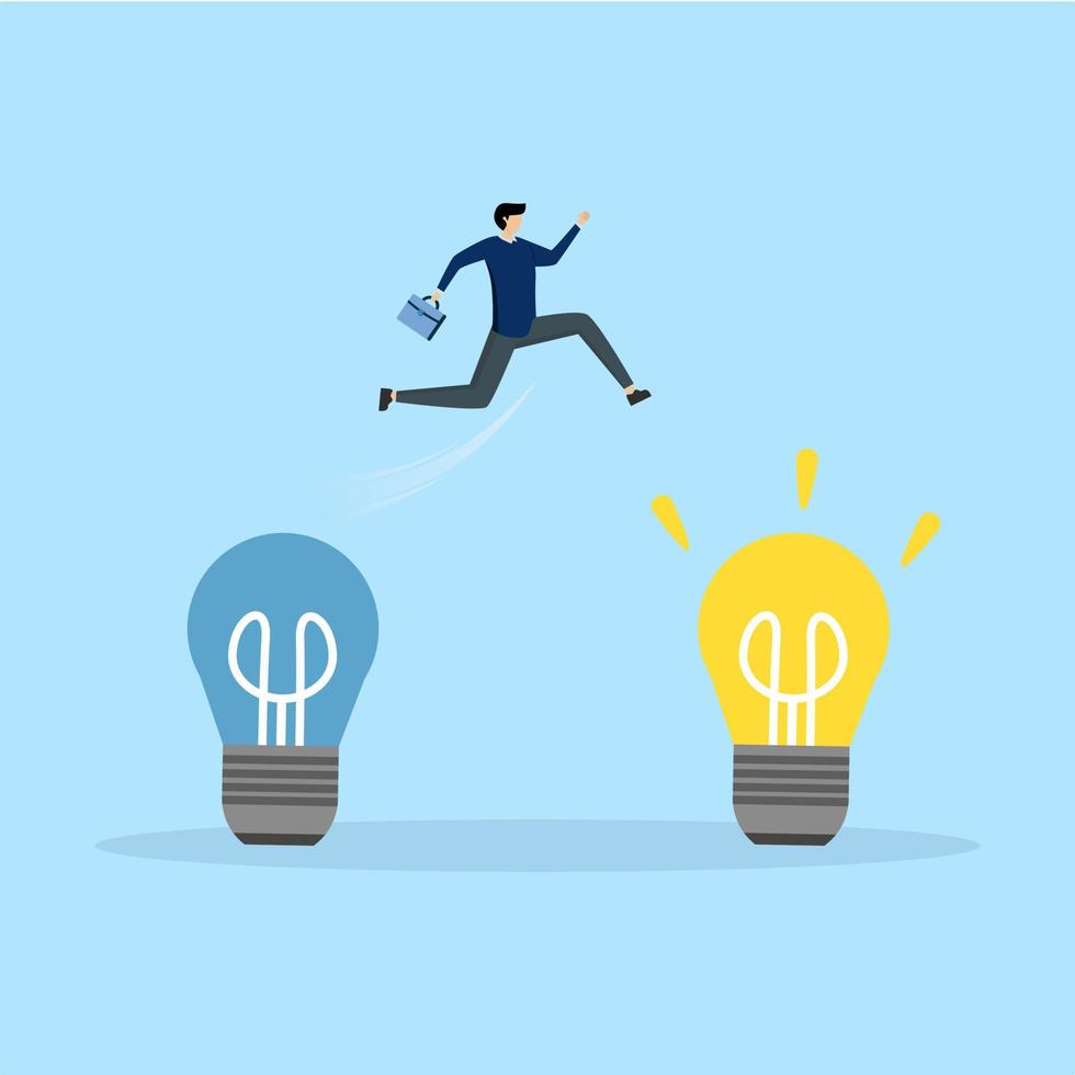 Savvy entrepreneur jumps from old to new shiny light bulb idea. Convey new ideas. Brainstorming concept, transition to a better innovative company, Business transformation, change management. Vector