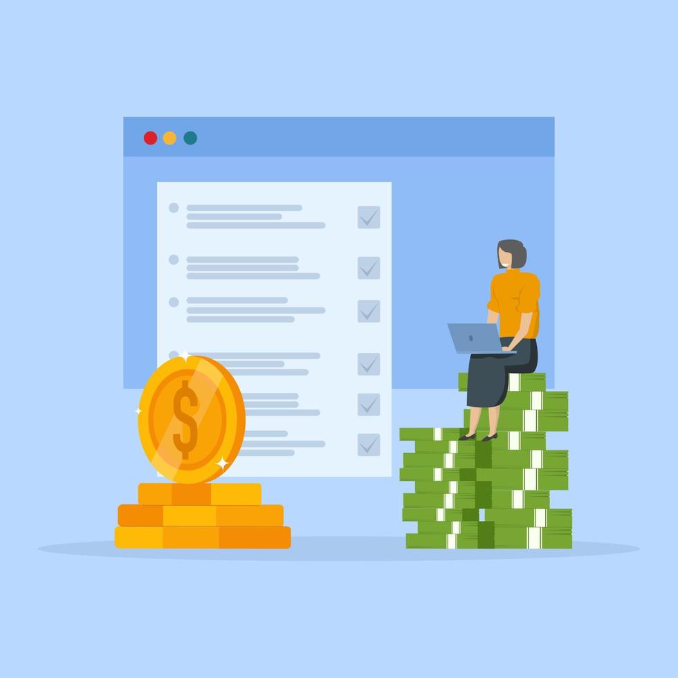 Financial audit concept. financial concept. Character calculates and fills taxes from, analyzes public finances, puts a tick in a checklist. flat cartoon vector illustration.