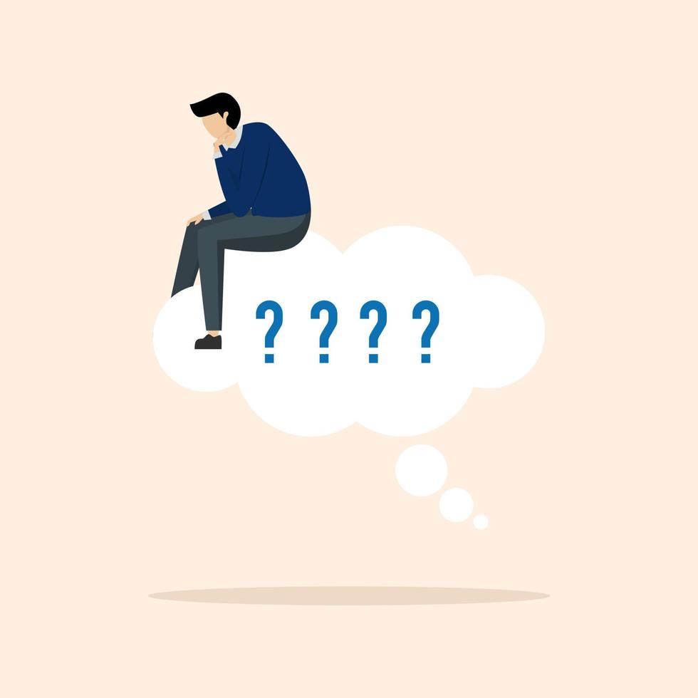 thoughtful businessman sitting like a thinker on a thought bubble. Think solution, focus on new ideas, concentration or contemplation, skeptical or rational concept, think critically to solve problem vector