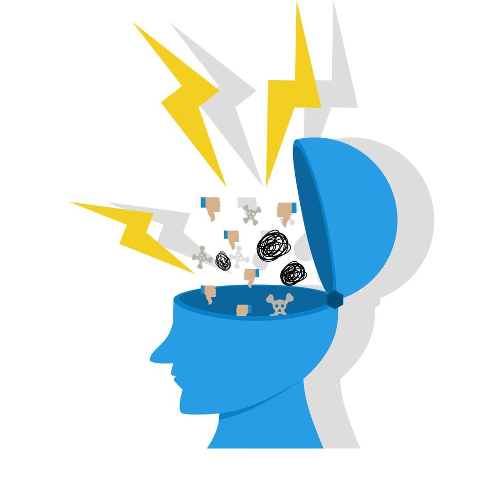 stress anxiety concept, human open head with negative symbol, thumbs down, anger and chaos. Negative thoughts bad attitudes lead to failure or fear, depression and sadness, emotional or mental problem vector