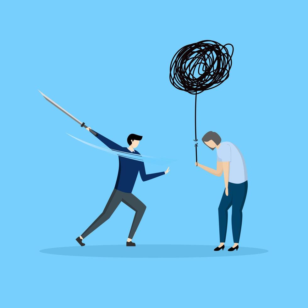 The psychologist uses a sword to cut the messy balloon mess on the patient. anxiety or stress, psychotherapy to heal mental health problems or depression, relaxation or relief to heal. vector