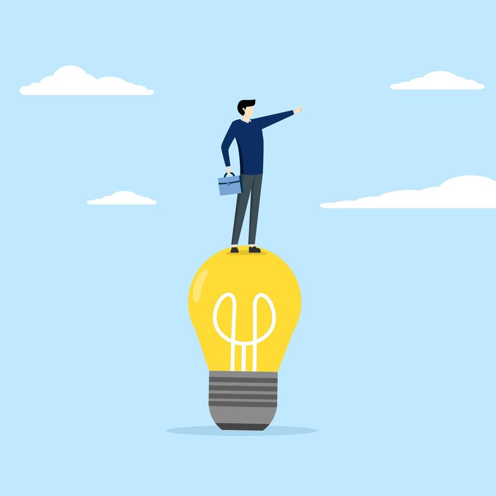 Smart businessman standing above idea light bulb and looking forward. Creative thinking, using imagination and creativity to find solutions or solve business problems, contemplation or bright ideas. vector