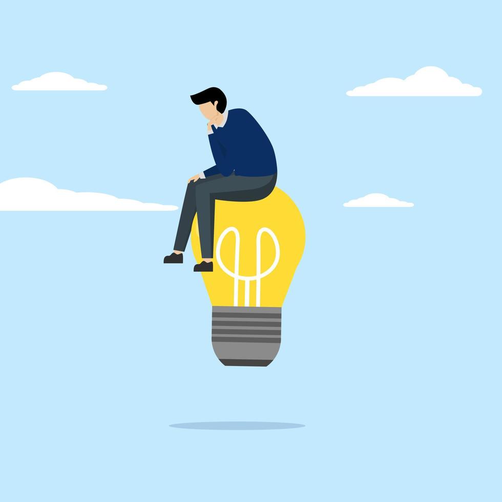 smart businessman thinking about imagination light bulb idea. Thinking creatively, using imagination and creativity to come up with a solution idea or solve a business problem, contemplation or concep vector