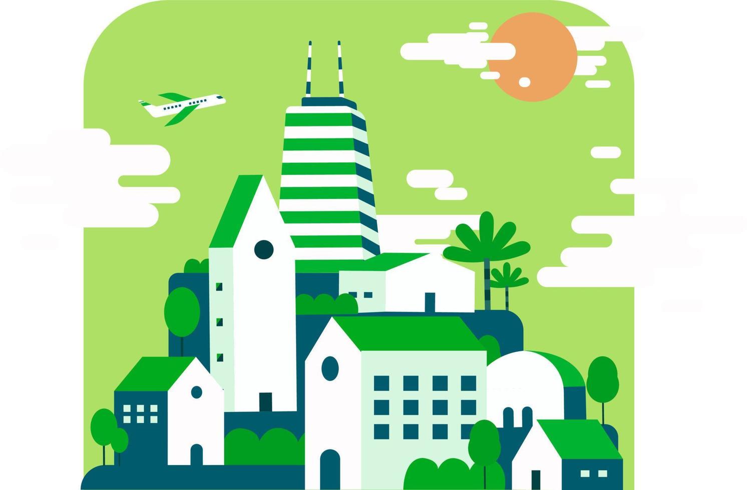 edificios de la ciudad verde paisaje ecológico.ilustración vectorial.ciudad natal linda y plana con vista a la naturaleza. vector