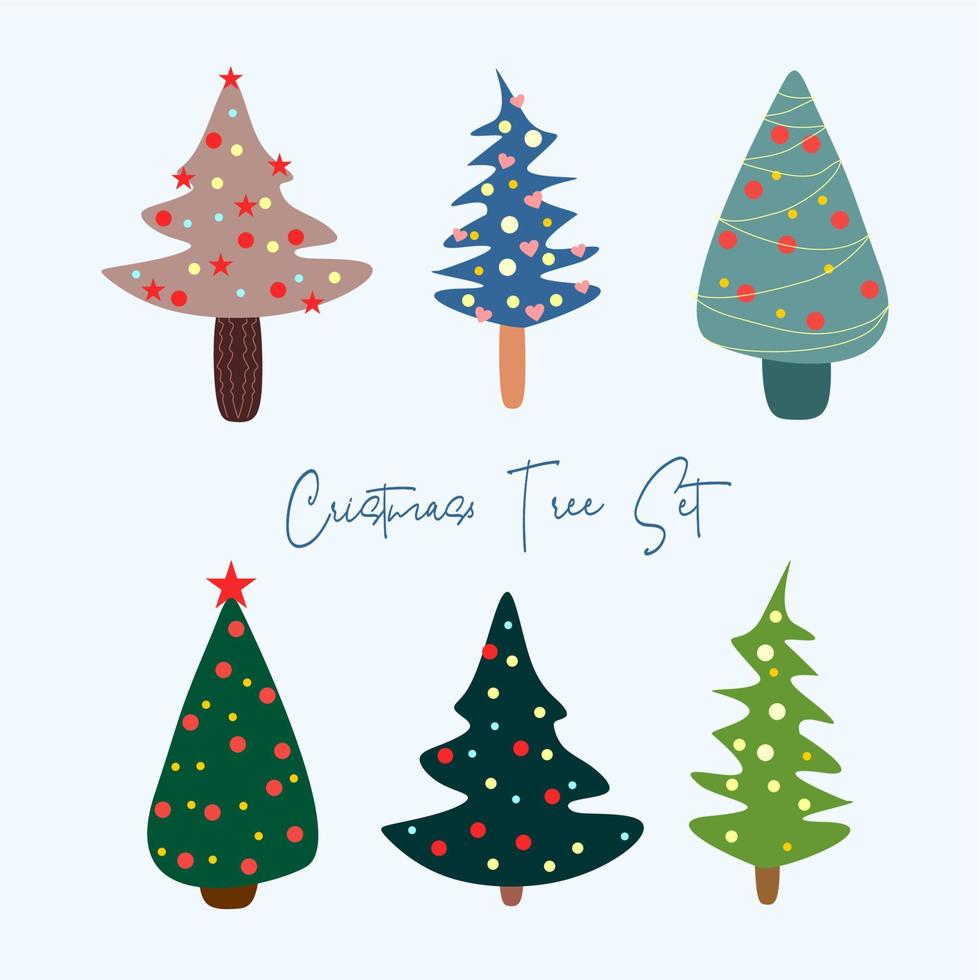 A set of 6 Christmas trees in a cartoon, cute, flat style. vector