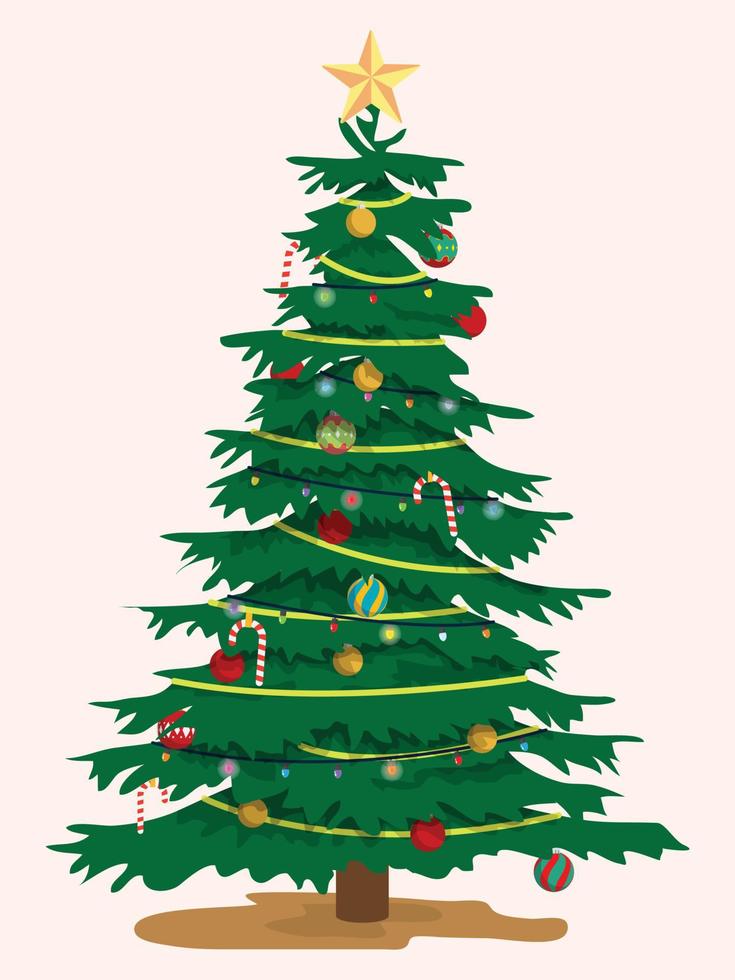 árbol de navidad en decoraciones completas. estrella, caramelo, bola, luces parpadeantes, decoraciones de cinta vector eps10