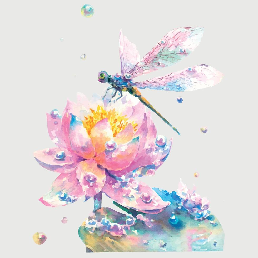 flor de nenúfar rosa con hojas, libélula y gotas de rocío, ilustración acuarela aislada en fondo blanco. vector