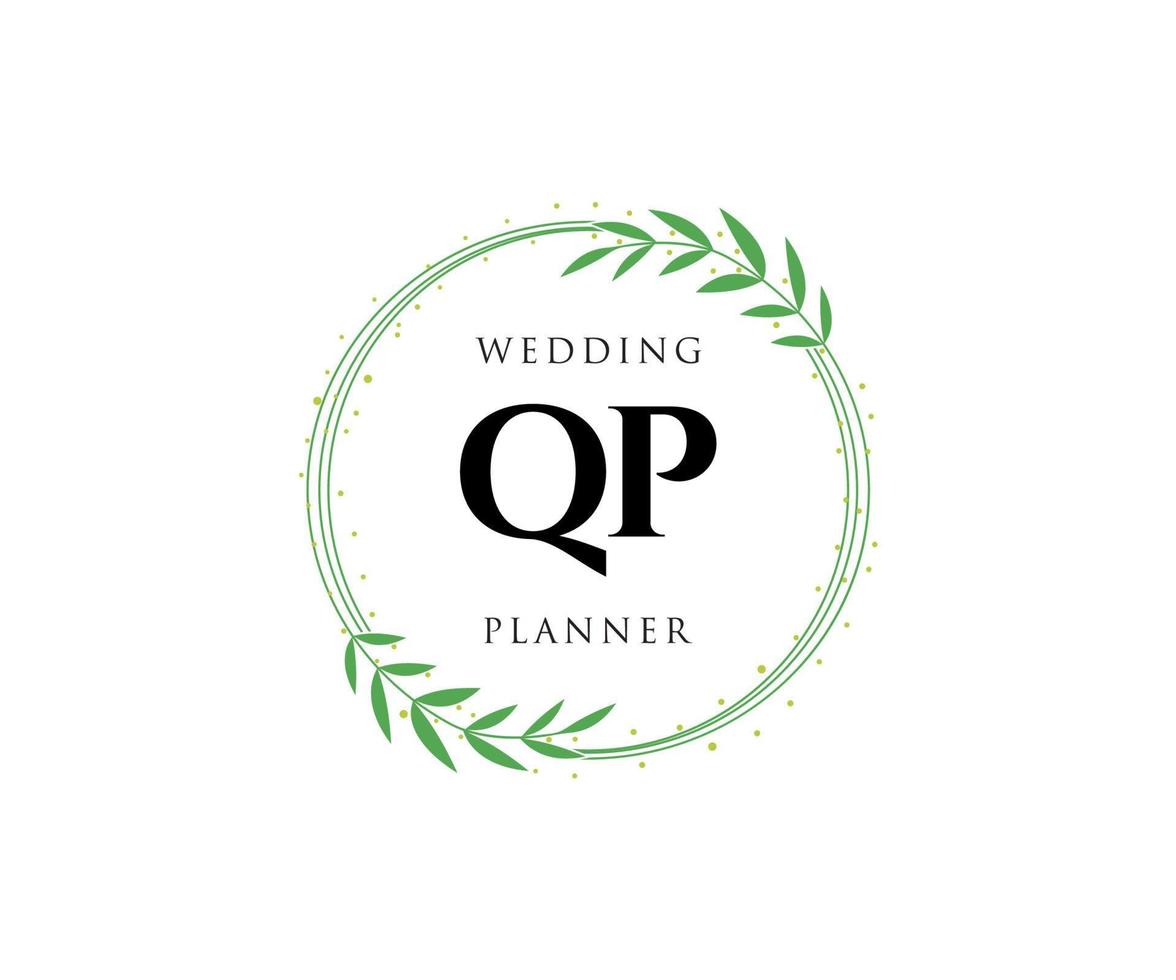 Colección de logotipos de monogramas de boda con letras iniciales qp, plantillas florales y minimalistas modernas dibujadas a mano para tarjetas de invitación, guardar la fecha, identidad elegante para restaurante, boutique, café en vector