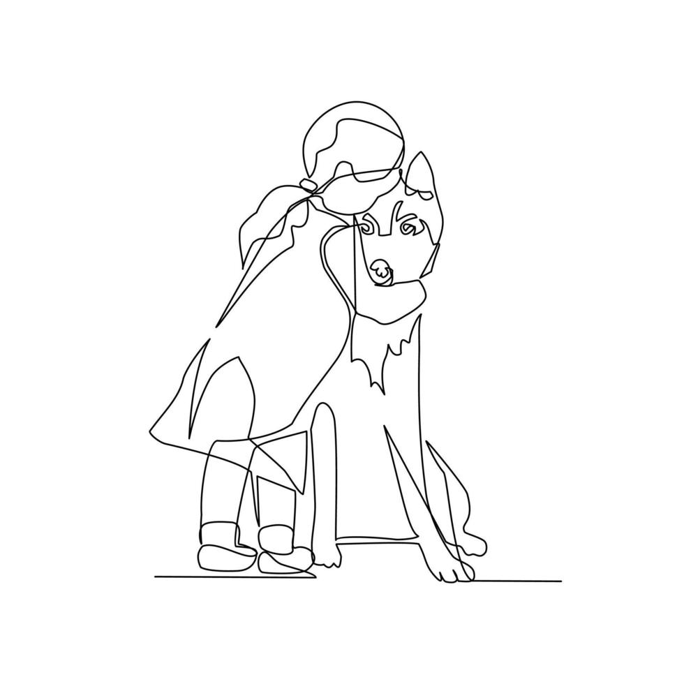 Vector illustration of a girl hugging a dog drawn in line art style