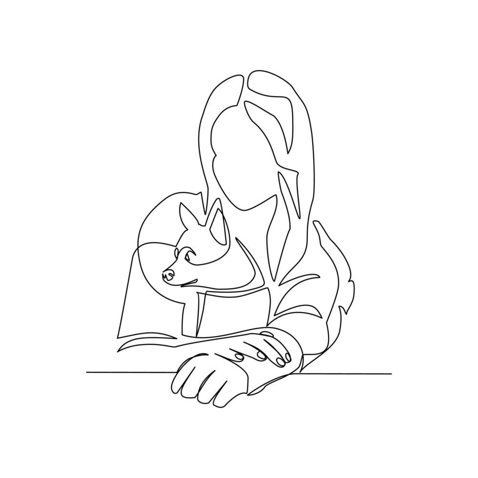 Vector illustration of a girl with a dog drawn in the style of line art