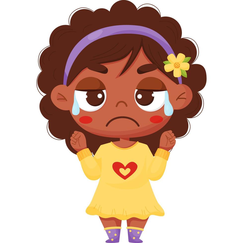 Emotion. Crying dark skinned girl with tears vector