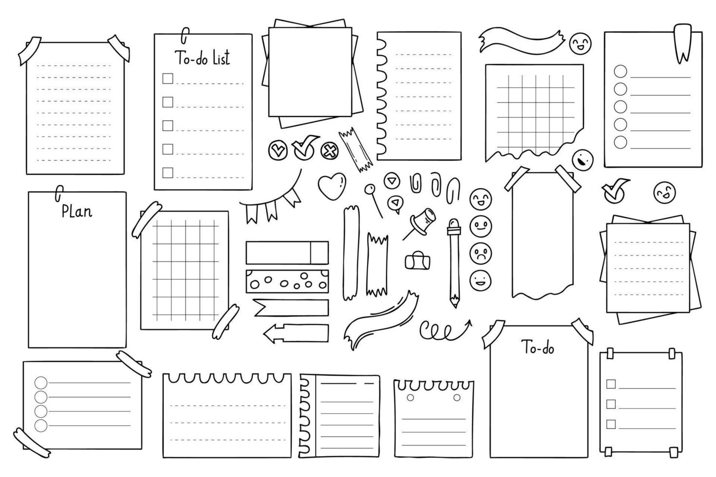 hojas de fideos vectoriales de varios cuadernos. establecer etiqueta para cuaderno, diario, hojas de papelería, planificadores, lista de tareas. banners dibujados a mano aislados para el diseño, páginas de bocetos para notas escolares o información. vector