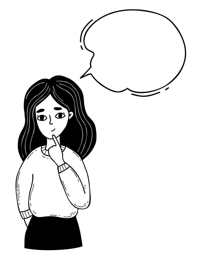 Portrait of thinking person. Thoughtful cute girl and empty text bubble. Vector illustration. Linear hand drawing doodle.