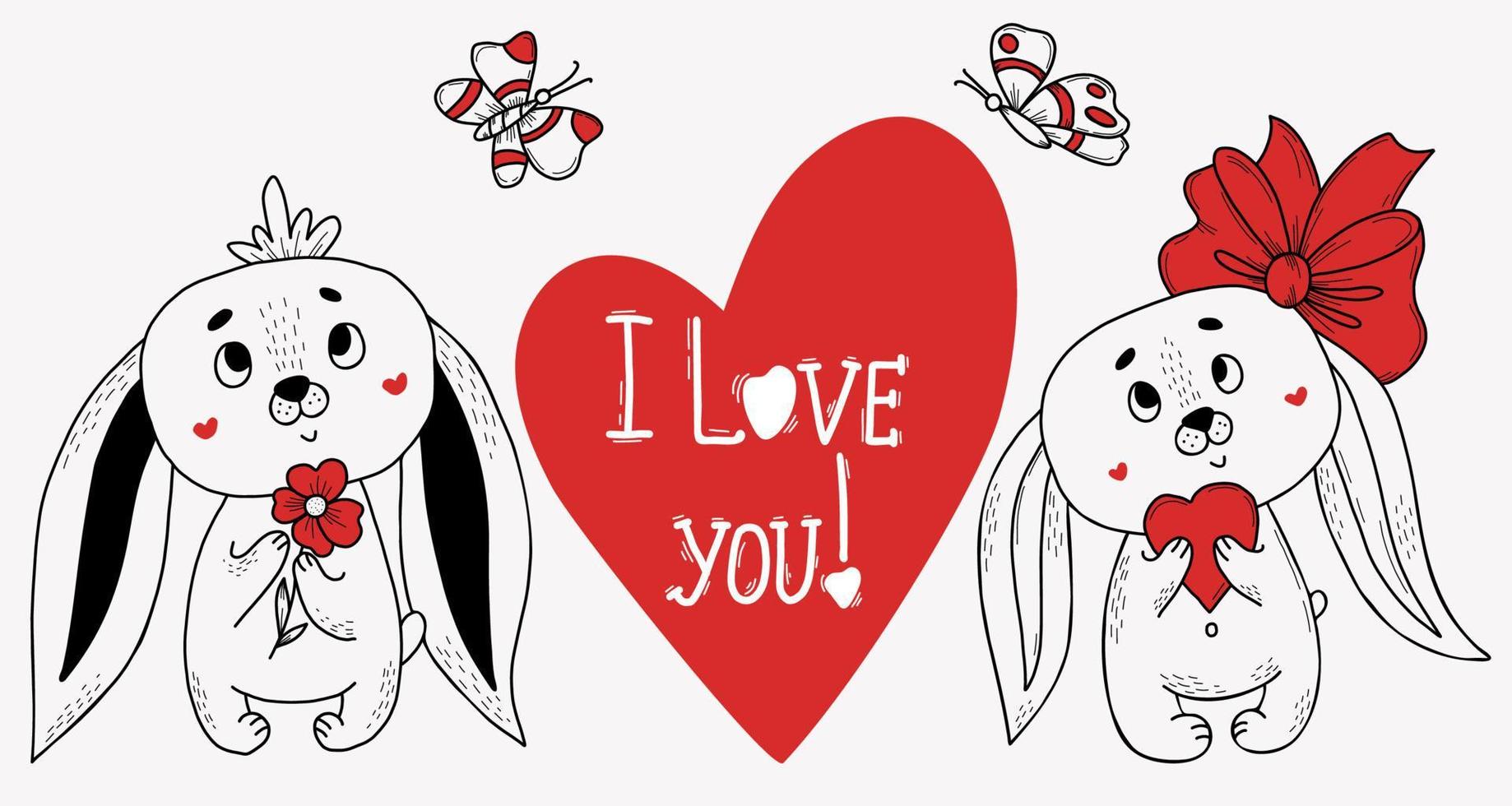 Couple of lovers. Cute rabbits. Girl hare with bow and heart and hare boy with flower. Big heart with text I love you. Vector illustration. Valentines day card