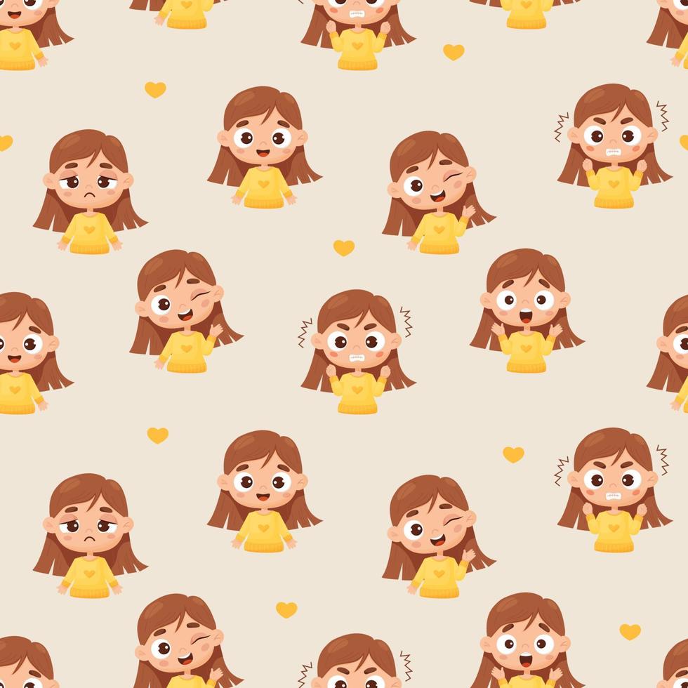 Seamless pattern with cute fair-skinned girl in cartoon style with different emotions - joy, happiness, anger, shock and tears on light yellow background. Vector illustration. Cute kids collection.