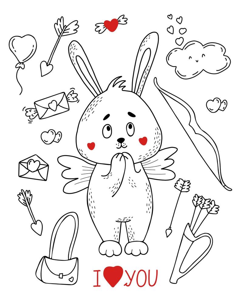 Set with Cute rabbit cupid with wings, love letters and balloon, cloud and bow with arrows. Vector illustration in hand drawn linear doodle style. Funny animal for design and decoration, postcard