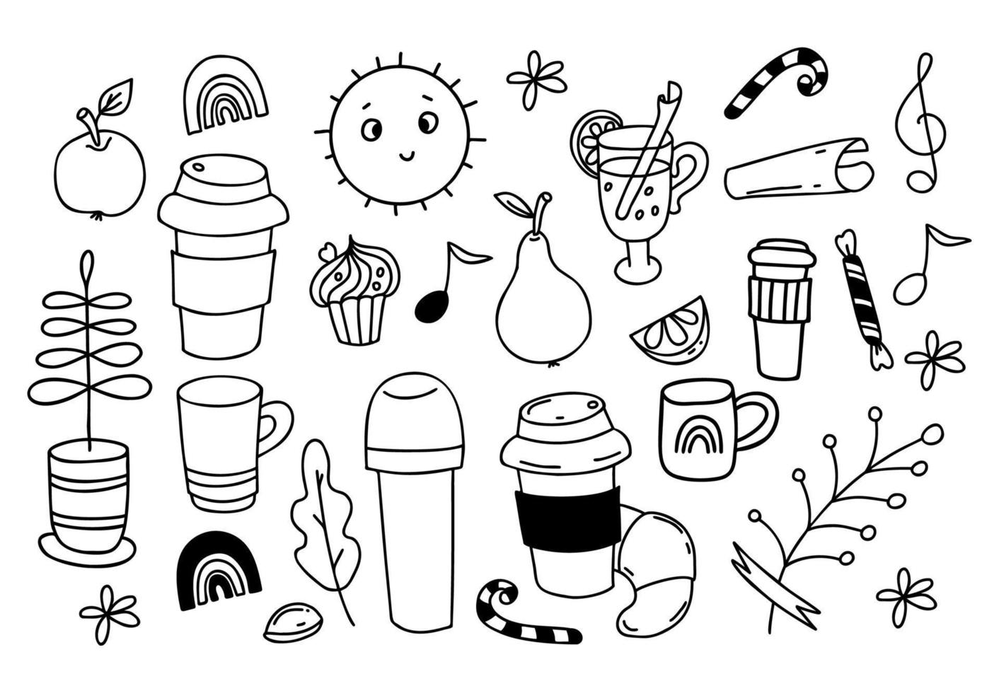 colección de garabatos vectoriales de café con croissant, termo, taza, vaso con vino caliente y bastón de canela, bastón de caramelo y caramelo, arco iris, sol lindo, maceta y planta. dibujos lineales aislados vector