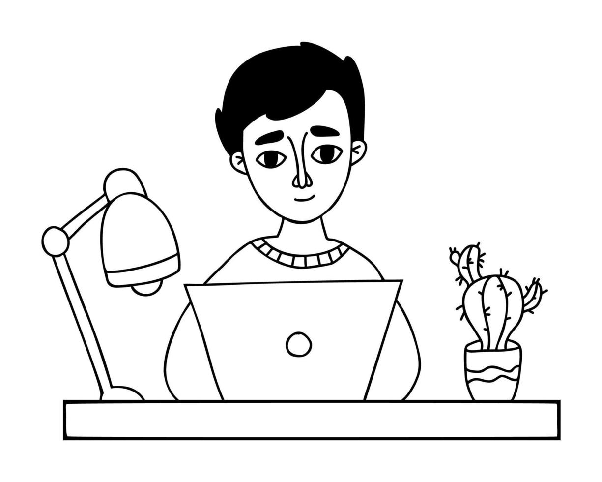 retrato de hombre que trabaja en la computadora portátil en la mesa con lámpara de mesa y maceta de cactus. ilustración vectorial garabato dibujado a mano lineal. estudiante de carácter masculino, alumno, empleado de oficina. vector