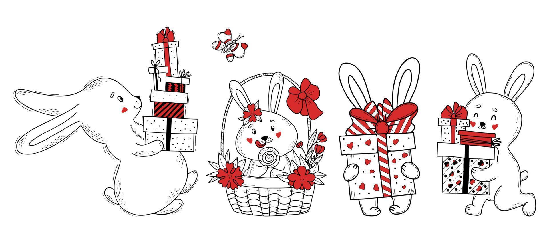 lindo personaje de conejo con regalos. conejito con cajas y regalos, en una canasta de pascua con flores y dulces. ilustración vectorial dibujo hecho a mano aislado para diseño, decoración, saludo y tarjetas de pascua vector