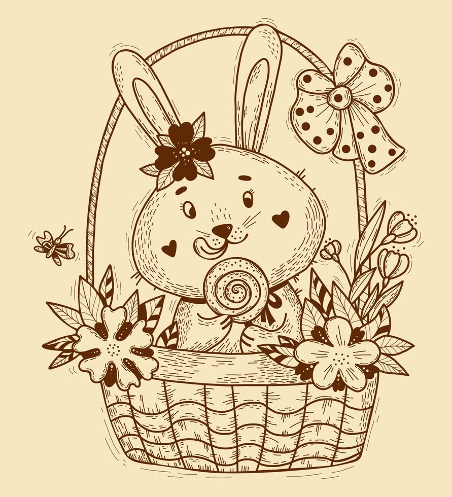 personaje de conejito de pascua. lindo conejo con piruleta grande en canasta de pascua con flores y lazo. ilustración vectorial postal de pascua en estilo de dibujo a mano lineal. animal divertido para el diseño y la decoración vector