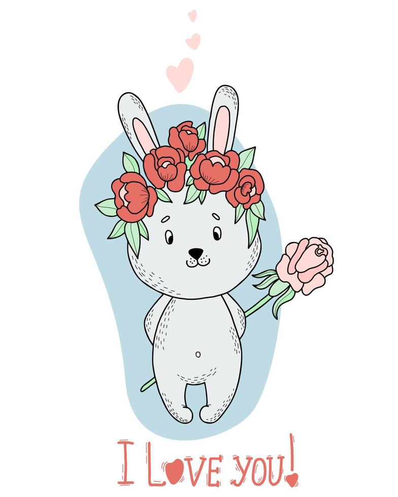 postal de san valentín con lindo conejito en corona de flores y flor de rosa grande. ilustración vectorial animal divertido para el diseño y la decoración, tarjetas de felicitación de san valentín te amo. vector