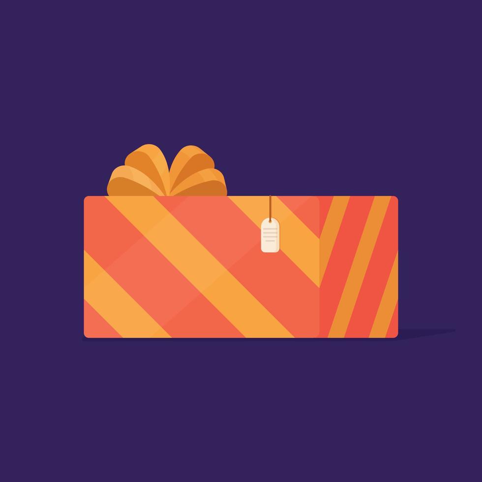 Vector illustration of a Christmas gift. Wrapped Christmas present. Box with bow on purple background.