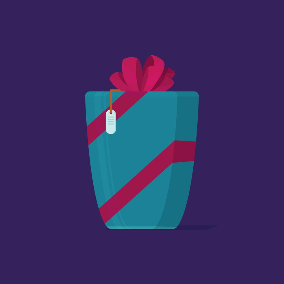 Vector illustration of a Christmas gift. Wrapped Christmas present. Box with bow on purple background.